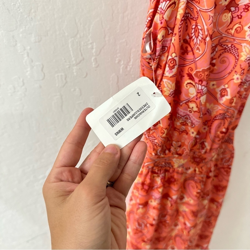 Outerknown Pink Orange Ruffle Tier High Neck Split Strap Maxi Dress Floral Sz 2 - Picture 6 of 8